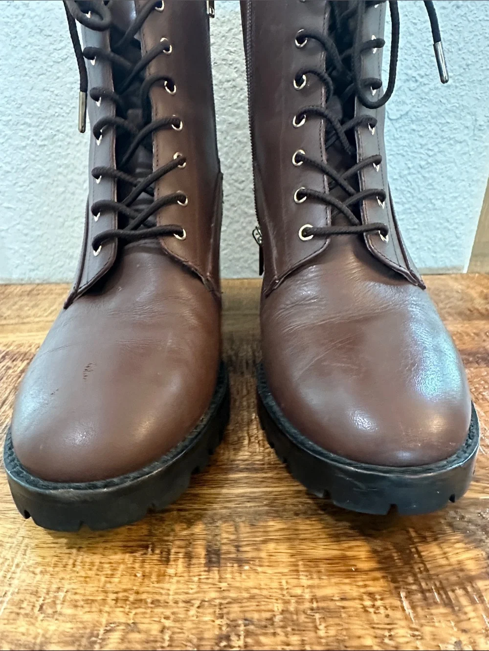 Coach Brown Leather Platform Booties with Signature Monogram Cuff SZ 9B